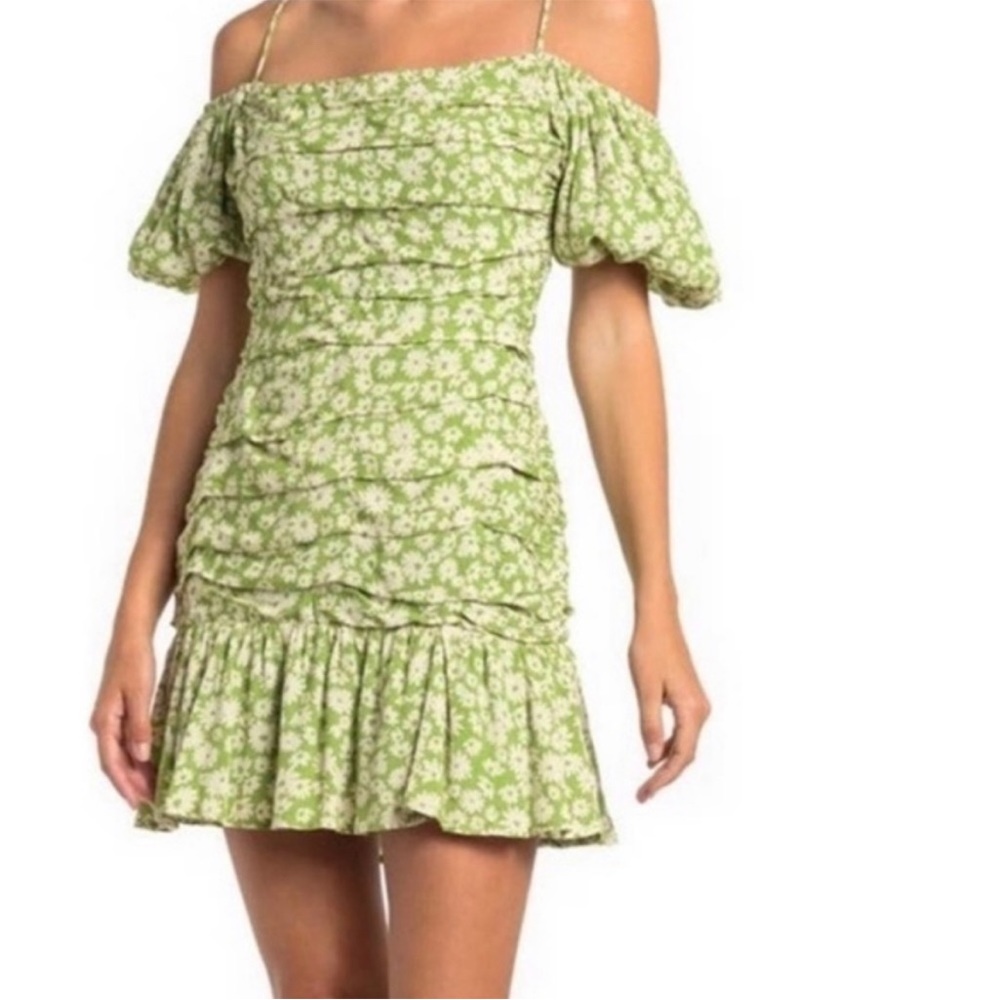 ASTR the Label Green Taupe Ditsy Floral Puffed Sleeve Dress M